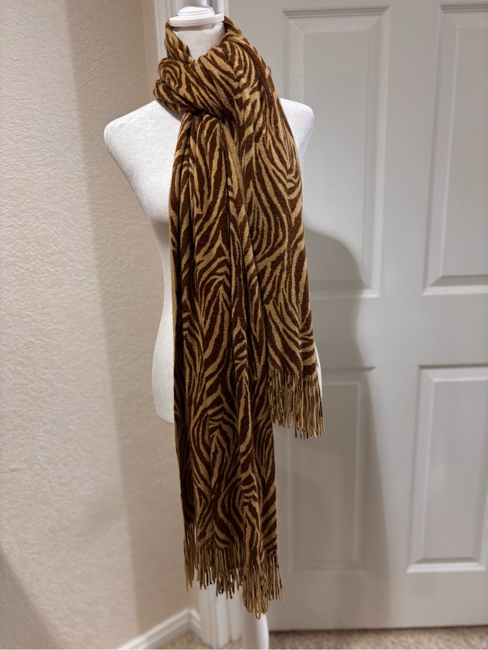 Brown Zebra-Print Fringe Scarf - Women's Animal Print Wrap